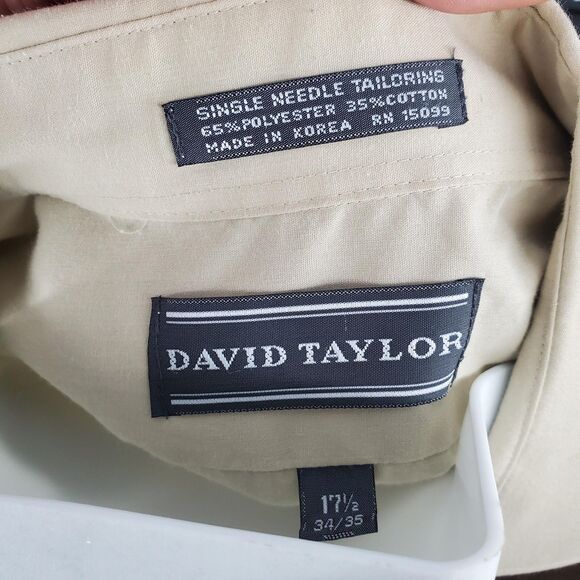 David Taylor Shirt Mens 17.5 34/35 Tan Dress Button Front Single Needle Pocket - Picture 8 of 9